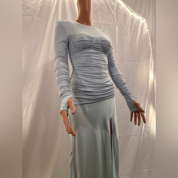 NWT SIR. Alessia Draped Gown in Ice Blue new FWRD long sleeve silk ruched maxi - Picture 9 of 11